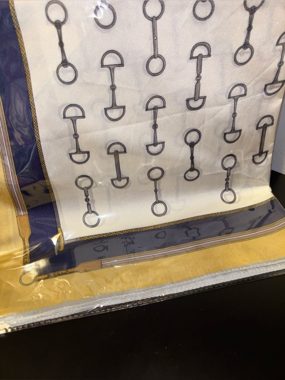 Equestrian Bit Print Silk Scarf in Navy, Yellow & White
